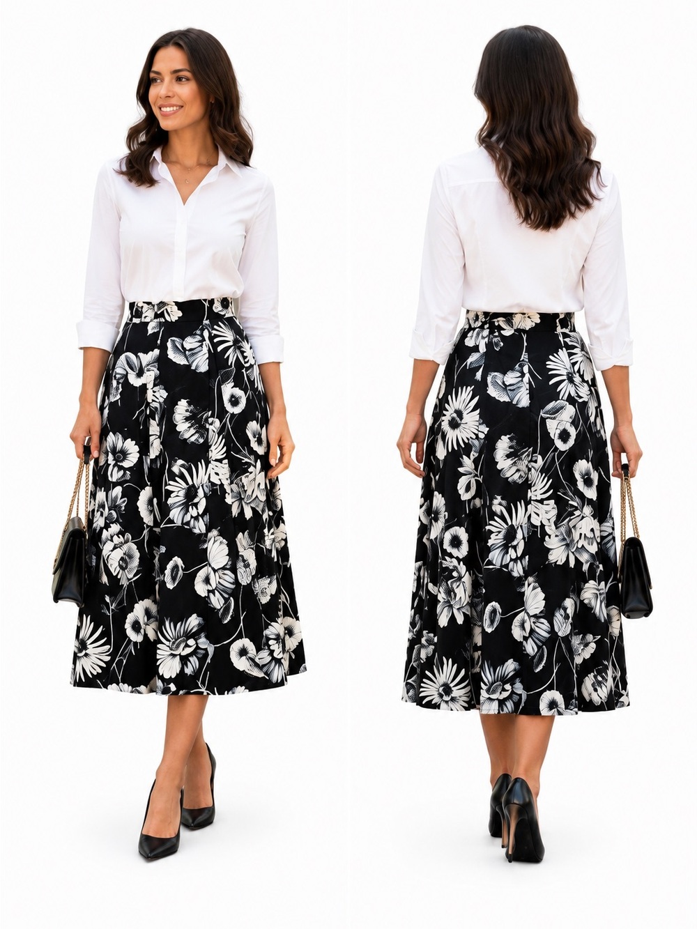 Zara Black & White Floral Midi Skirt | High Waist Flowy A-Line